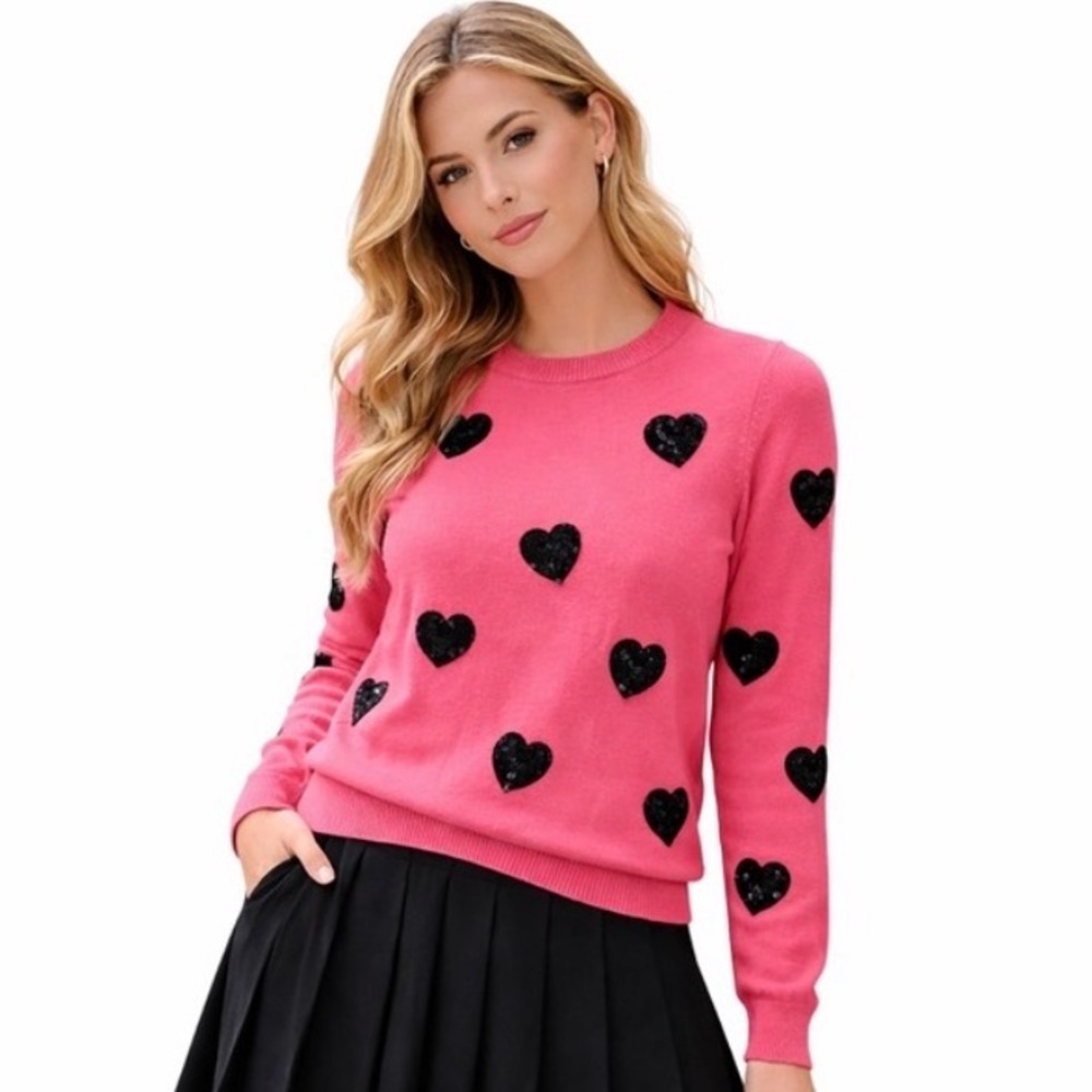 Reunited Pink Sequin Heart Sweater – Size XS